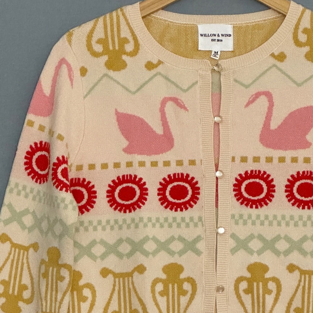 Swan Print Cardigan Womens M Pink Whimsical Cottagecore Soft Girl Willow & Wind - Picture 2 of 9